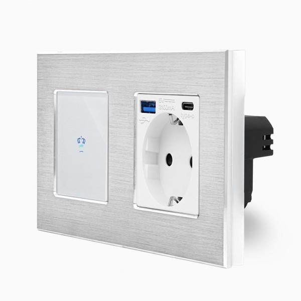 Alu 1-facher Wechselschalter / Kreuzschalter + Steckdose USB-A/C Touch Weiß LXBA2/K-701S-MP010U-11 KRONE