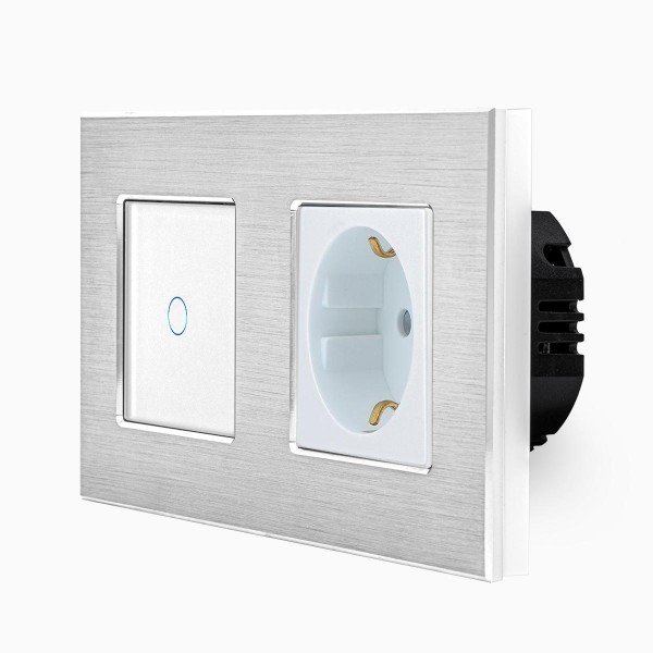 POINT Aluminium Touch-Lichtschalter + Steckdose Silber/Weiß LXBA2/P-701-71-11