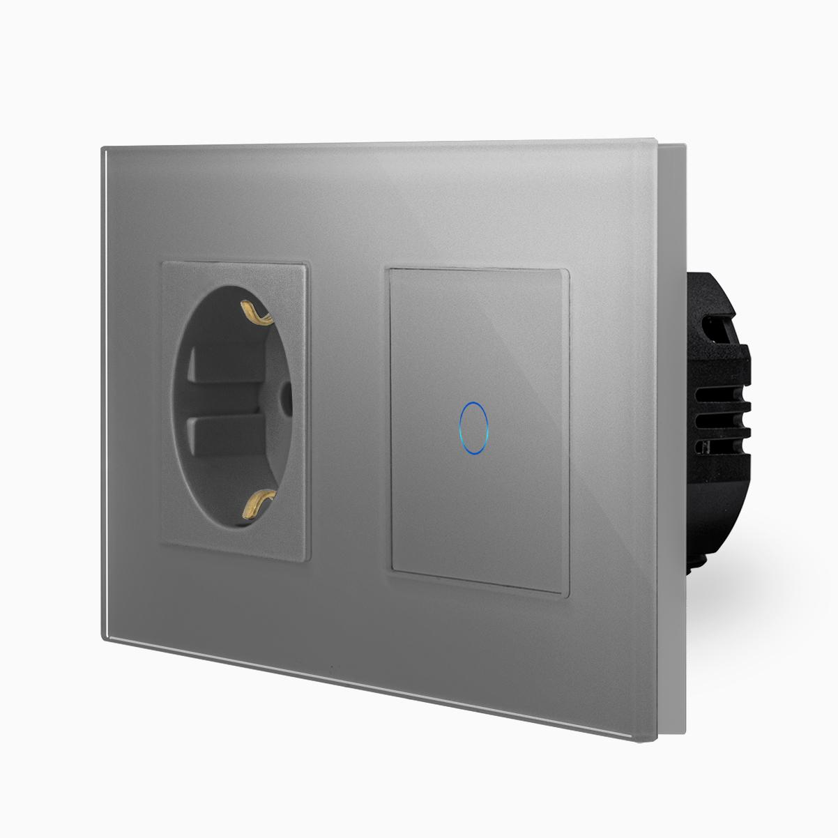 CNBINGO Dimmschalter mit Schuko Steckdose unterputz - Dimmer Schalter für  LED-Leuchten - Touch Lichtschalter einfach in Grau - Wandschalter mit