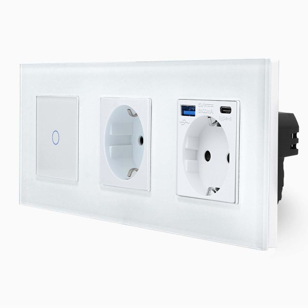 Glas Touch-Lichtschalter + Steckdose + Steckdose-USB-A/C Weiß LXBG3/701-71-MP010U-11 POINT