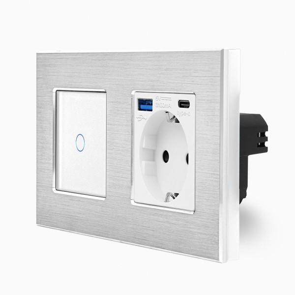 Alu 1-facher Wechselschalter / Kreuzschalter + Steckdose USB-A/C Touch Weiß LXBA2/P-701S-MP010U-11 POINT 