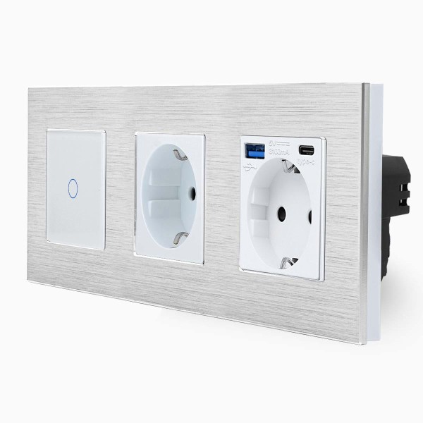 Alu Touch-Lichtschalter + Steckdose + Steckdose-USB-A/C Silber/Weiß LXBA3/701-71-MP010U-11 POINT