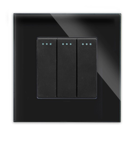 LUX Wipp Lichtschalter 3 Fach + Glas Rahmen Schwarz/Schwarz LXBG1-12-LX-103M-12