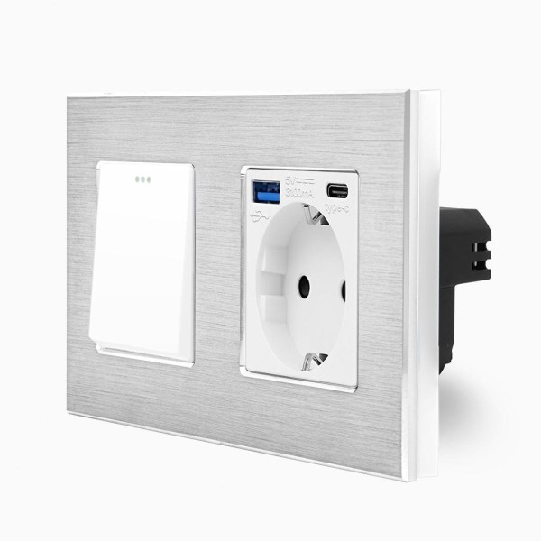 Alu 1-facher Lichtschalter / Wechselschalter + Steckdose USB-A/C Wippe Weiß LXBA2/LX-101M-MP010U-11 LUXUS-TIME 