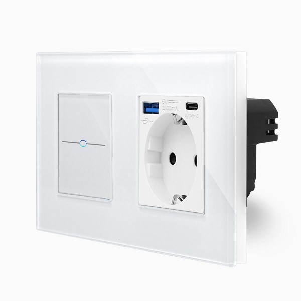 Glas 1-facher Wechselschalter / Kreuzschalter + Steckdose USB-A/C Touch Weiß LXBG2/LX-701S-MP010U-11 LUXUS TIME