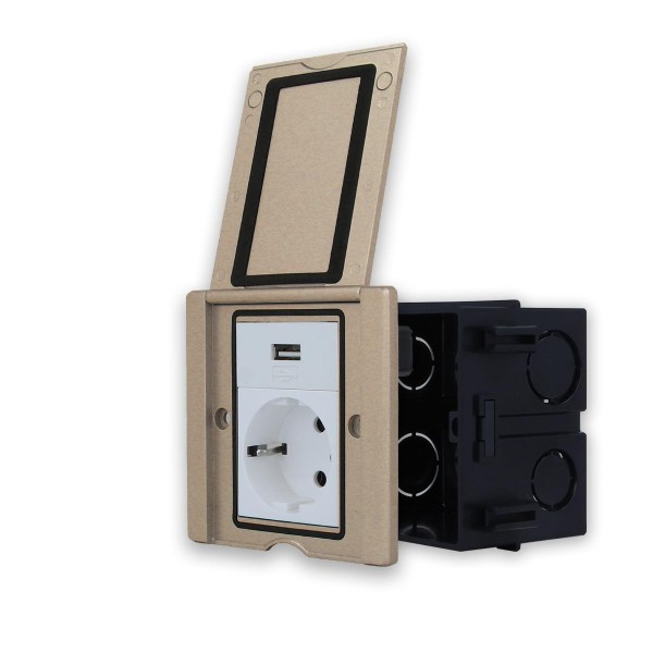 Wand- Bodensteckdose Edelstahl mit einer Steckdose VDE + einem USB-Modul Gold