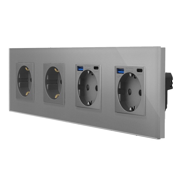 Glas 4-fache Steckdose + Steckdose-USB-A/C Grau LXBG4/2x71-2xMP010U-15 LUXUS-TIME 