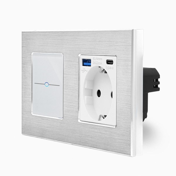 Alu 1-facher Wechselschalter / Kreuzschalter + Steckdose USB-A/C Touch Weiß LXBA2/LX-701S-MP010U-11 LUXUS TIME